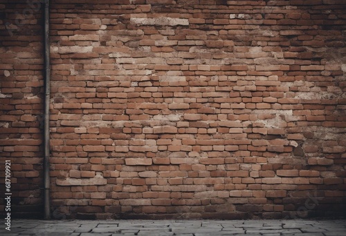 Old weathered vintage brick wall with broken plaster and pavement on the ground Grungy urban background photo