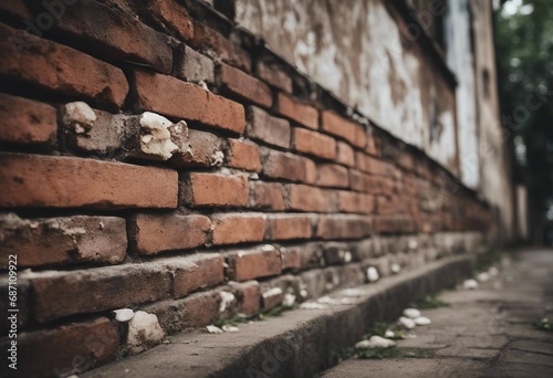 Old weathered vintage brick wall with broken plaster and pavement on the ground Grungy urban background