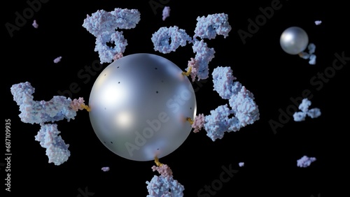 A close-up 3D rendering of antibody-conjugated magnetic nanoparticles. photo