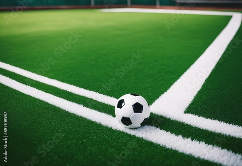 Soccer ball on green synthetic artificial grass soccer sports field with white corner stripe line © ArtisticLens