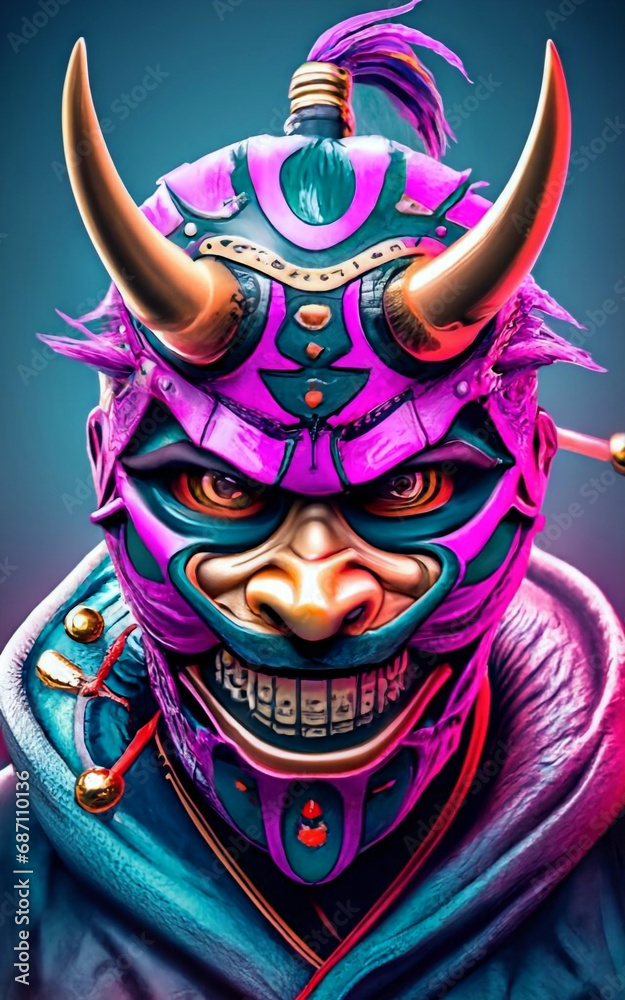 ninja mask mixed up with oni mask, realistic, purple highlights, high contrast, angry looking, 3d render, anime, vibran, generative ai