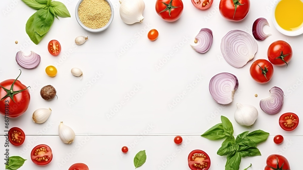 Fresh ingredients for cooking on white background