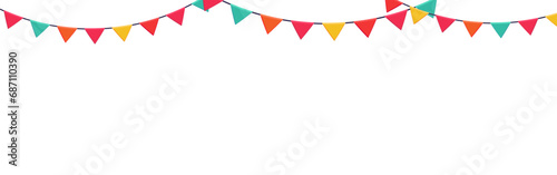 Garland of colored flags horizontal banner. Festive vector background in flat cartoon style on a white background.