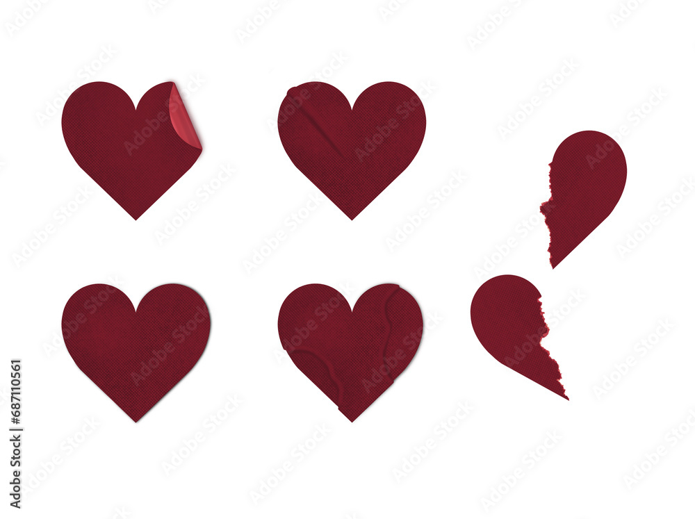 Set of stickers in the shape of a heart. Red paper hearts on a white background. Valentine's Day concept Set of stickers in the shape of a heart. Red paper hearts on a white background. Valentine's Day concept