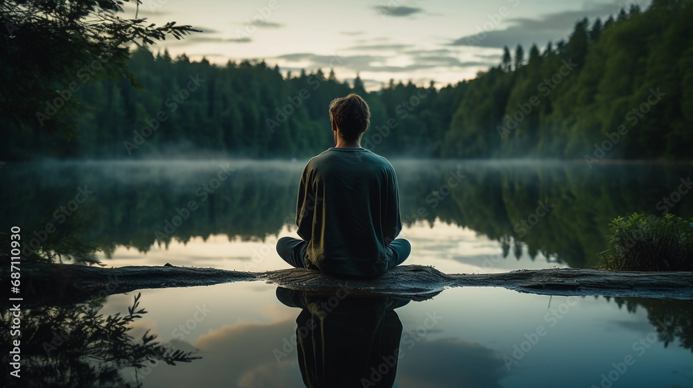 portrait in nature, individual sitting by a still lake, mirrored image on water, peaceful dawn light