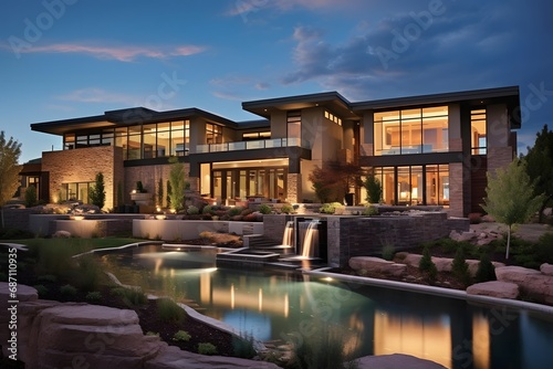 Panorama of modern luxury home with pool and garage at dusk.