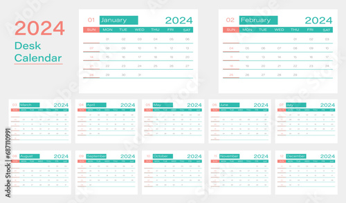 Vector desk calendar 2024 design, week start Monday, vector illustration, calendar layout.