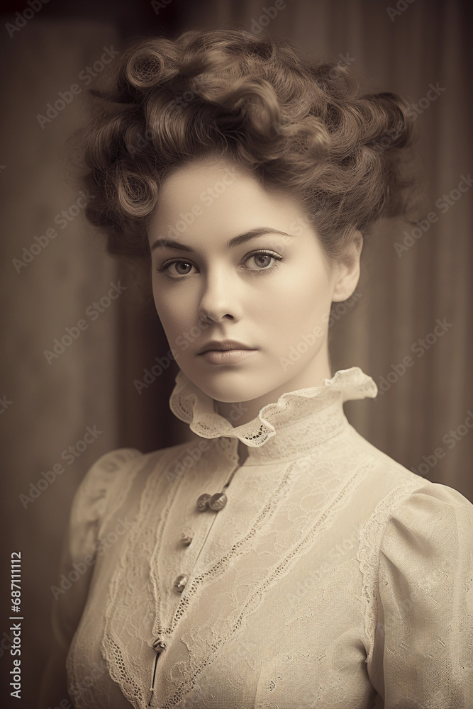 Victorian lady, Carte de visite style portrait, intricate updo with curls, lace collar dress, pearl necklace