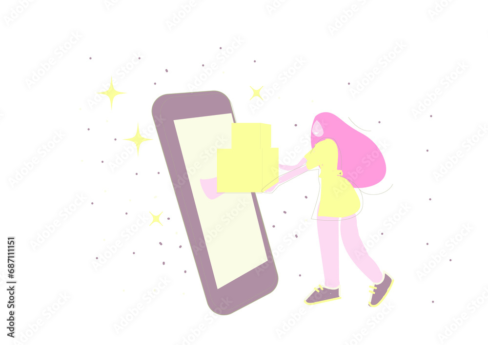 Order online, shopping concept, delivery. Customer, character with gift. Online shopping on social media app or market. Order online, shopping concept, delivery. Customer, character with gift. Online shopping on social media app or market.
