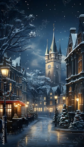 Christmas and New Year background. Winter cityscape with Christmas trees and houses.
