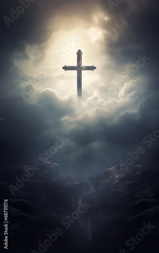 Cruz de jesus cristo em meio a nebrina  photo