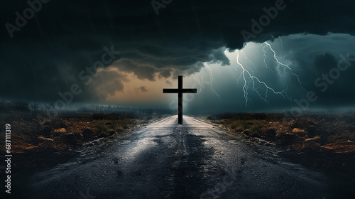 Cruz  no asfalto, tempestade de chuva e raios no céu , representação de morte nas estradas  ou estado de espirito negativo de morte  photo