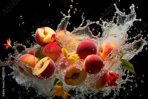 Peaches in splashes of water. Generative AI.