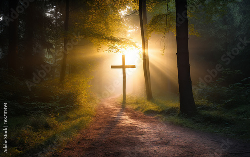 cruz de cristo  no belo caminho na floresta de árvores no início da manhã photo