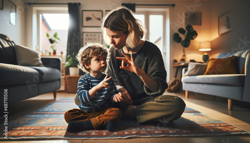 A mother teaches sign language to her young child. One of the best ways to start teaching sign language to kids is by teaching them basic vocabulary.  photo