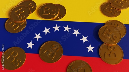 A 3D rendering of the Venezuelan flag and a stack of Bolívar gold coins represents the nation's economic strength photo