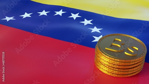 A 3D rendering of the Venezuelan flag and a stack of Bolívar gold coins represents the nation's economic strength photo