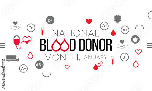 Blood Donor month (NBDM) is observed every year in January, to celebrate the lifesaving impact of blood and platelet donors. Vector illustration