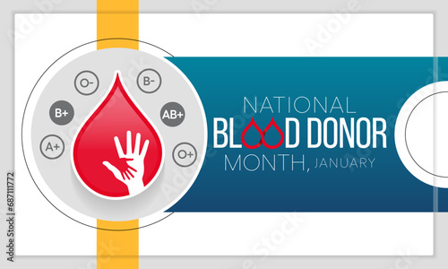 Blood Donor month (NBDM) is observed every year in January, to celebrate the lifesaving impact of blood and platelet donors. Vector illustration