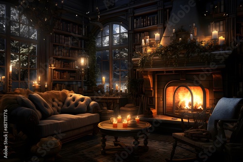 3d illustration of the interior of a cozy living room at night