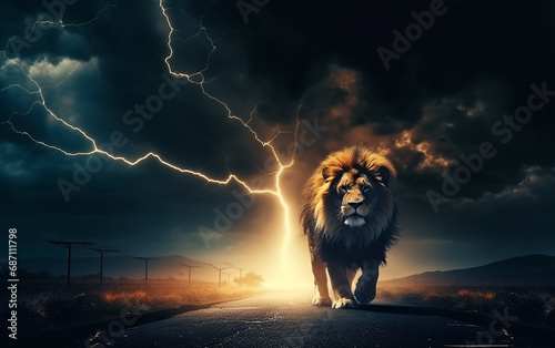 leão poderoso caminhando em asfalto com raios e tempestade ao fundo  photo