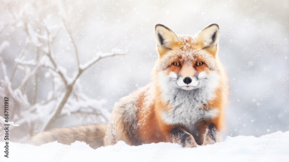 Portrait of a Red fox lying in snow