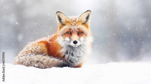 Portrait of a Red fox lying in snow