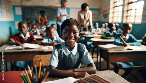 Smiling African girl sitting at a desk in the school classroom.Elementary or Primary school age.