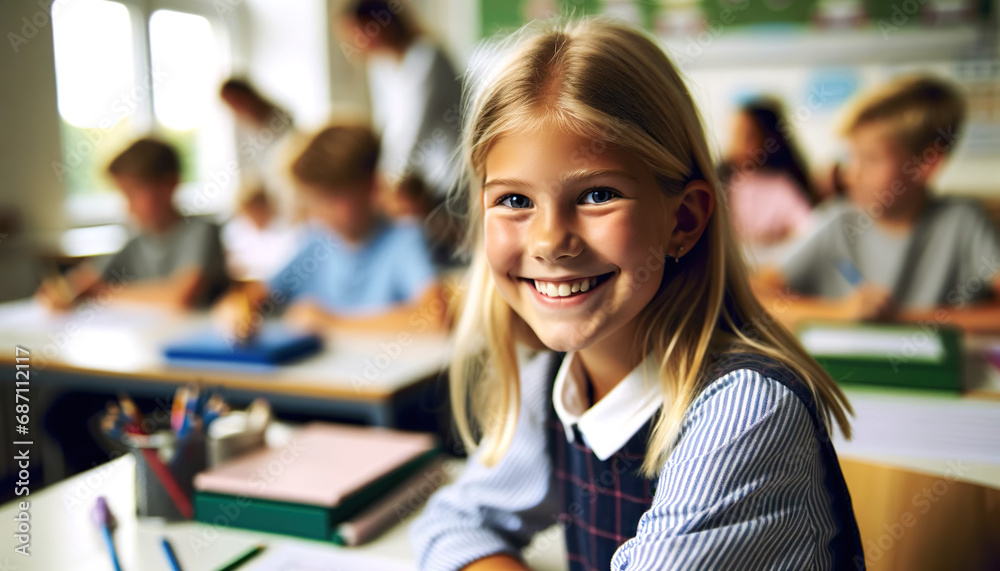 Smiling Swedish girl sitting at a desk in the school classroom.Elementary or Primary school age. Smiling Swedish girl sitting at a desk in the school classroom.Elementary or Primary school age.
