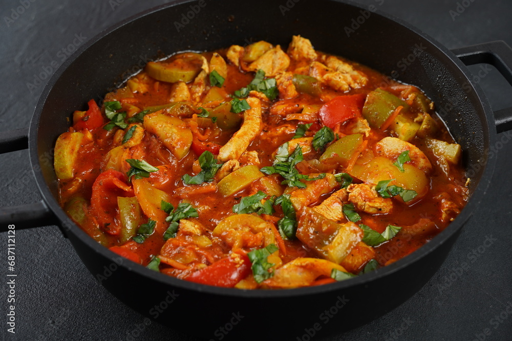 Chicken breast stew with vegetables and herbs and tomato sauce. Chicken breast stew with vegetables and herbs and tomato sauce.