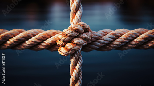 A detailed image of a rope with a visible knot, perfect for illustrating concepts of strength, security, restriction, adventure, or outdoor themes in designs and projects.