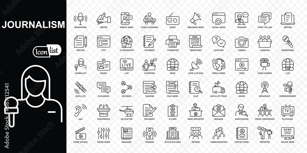 Journalism and mass media  editable stroke icons collection. Thin line icons set. Simple vector illustration. - obrazy, fototapety, plakaty 