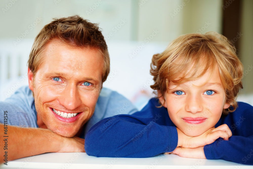 Happy, portrait and father with boy on bed for bonding, relaxing and spending time together. Smile, love and young dad chilling and resting with kid or child from Australia in bedroom of house. Happy, portrait and father with boy on bed for bonding, relaxing and spending time together. Smile, love and young dad chilling and resting with kid or child from Australia in bedroom of house.