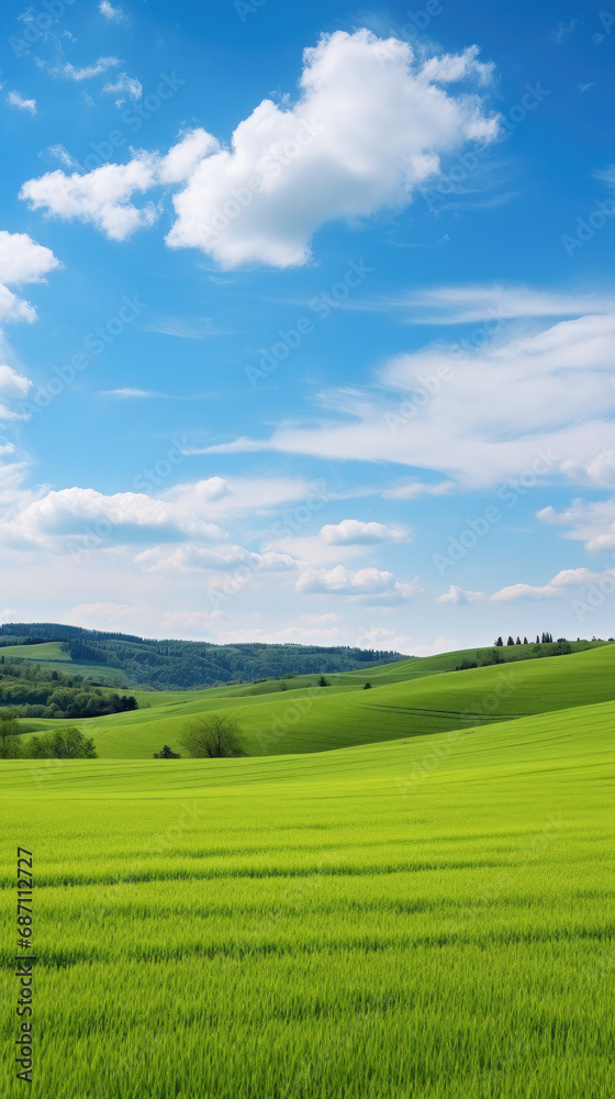 Panoramic View of Rolling Green Hills Under Blue Sky