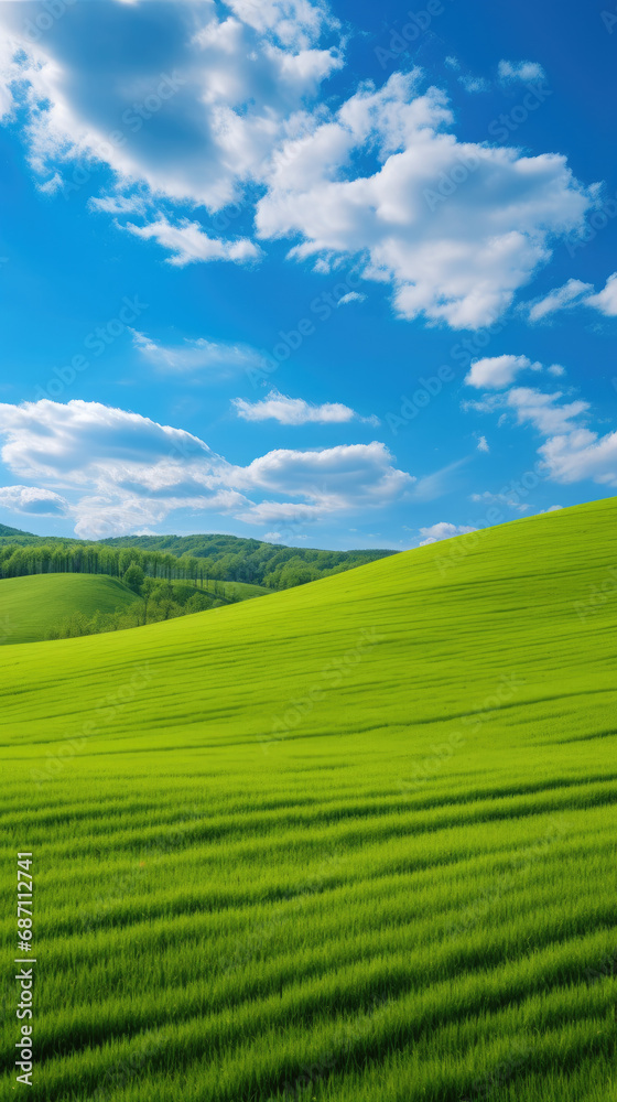 Serene Countryside Landscape with Lush Green Hills and Blue Sky Serene Countryside Landscape with Lush Green Hills and Blue Sky