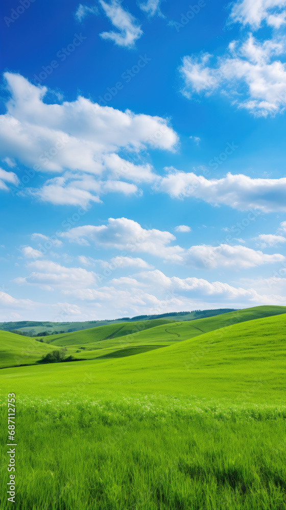 Green Hillside with Blue Sky and Clouds in Countryside