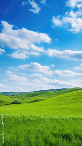 Green Hillside with Blue Sky and Clouds in Countryside
