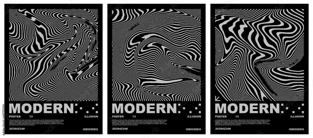 Collection of modern abstract posters with liquid effect. Techno style, psychedelic design, prints for t-shirts and sweatshirts. isolated on black background