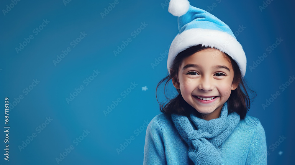 Christmas, smiling girl in Santa helper hat, wearing blue clothes Christmas, smiling girl in Santa helper hat, wearing blue clothes