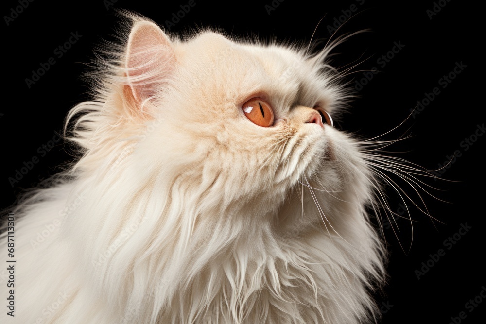 A white Persian cat with orange eyes looking up.