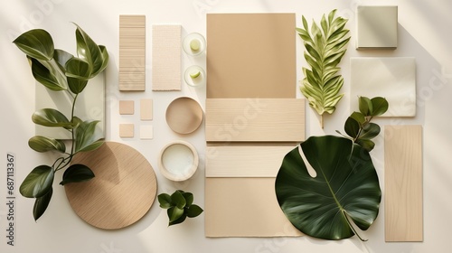 AI generated image - interior design material moodboard with beige and green colors photo