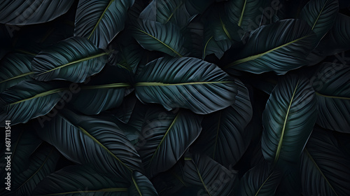 Closeup of tropical exotic seamless pattern palm leaves  leaf on night dark background. Green and black.