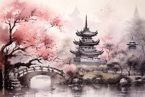 Blossoms of Serenity: Cherry Blossoms in Full Bloom with Distant Pagoda on Aged Paper