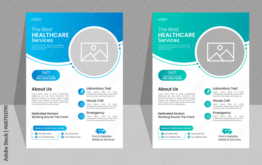 Modern medical a4 flyer template design set. Blue color, print, advertise, marketing