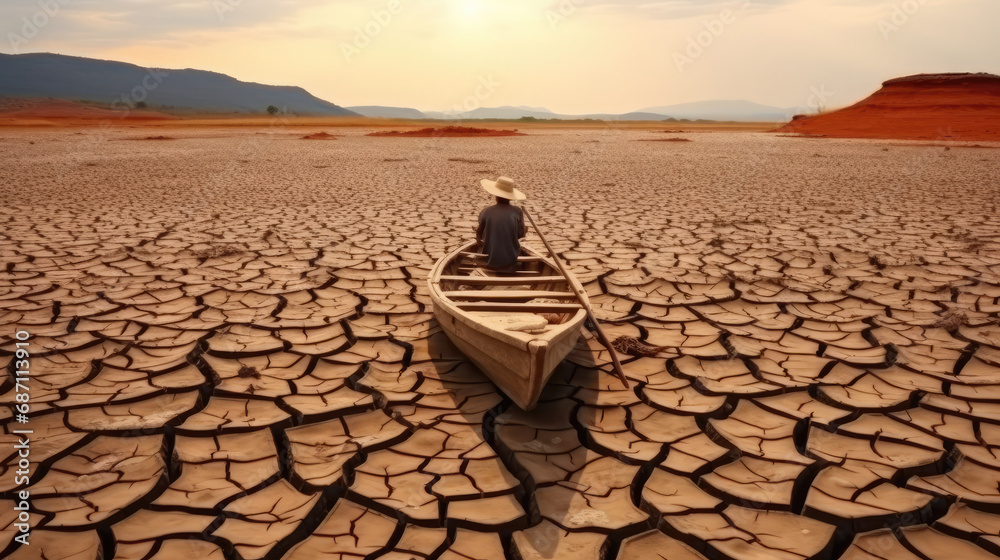  man on the boat in a dry lake, dry cracked soil - obrazy, fototapety, plakaty 
