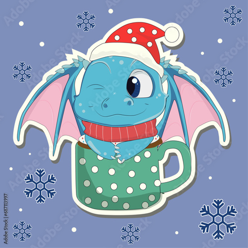 dragon symbol of the year with wings in a green cup with a New Year background