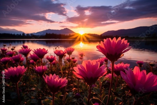Sunset Over Mountain Lake with Blossoms