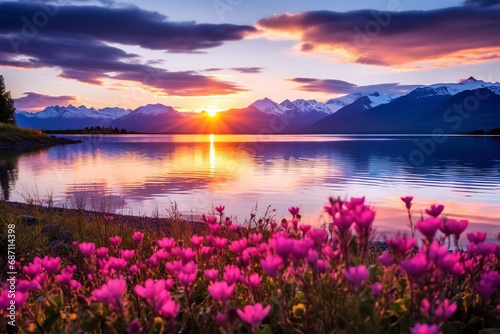 Sunset Over Mountain Lake with Blossoms