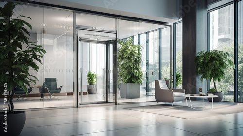 Modern Office Interior with Floor-to-Ceiling Windows