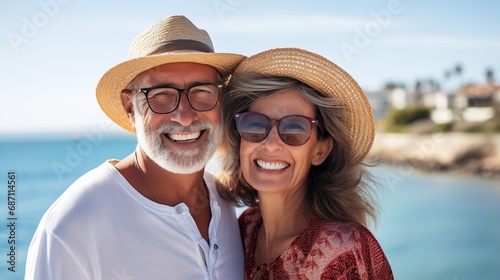 Senior elegant couple caucasian man and woman at retirement vacation leading active lifestyle and caring about their skin wearing straw hats near the sea